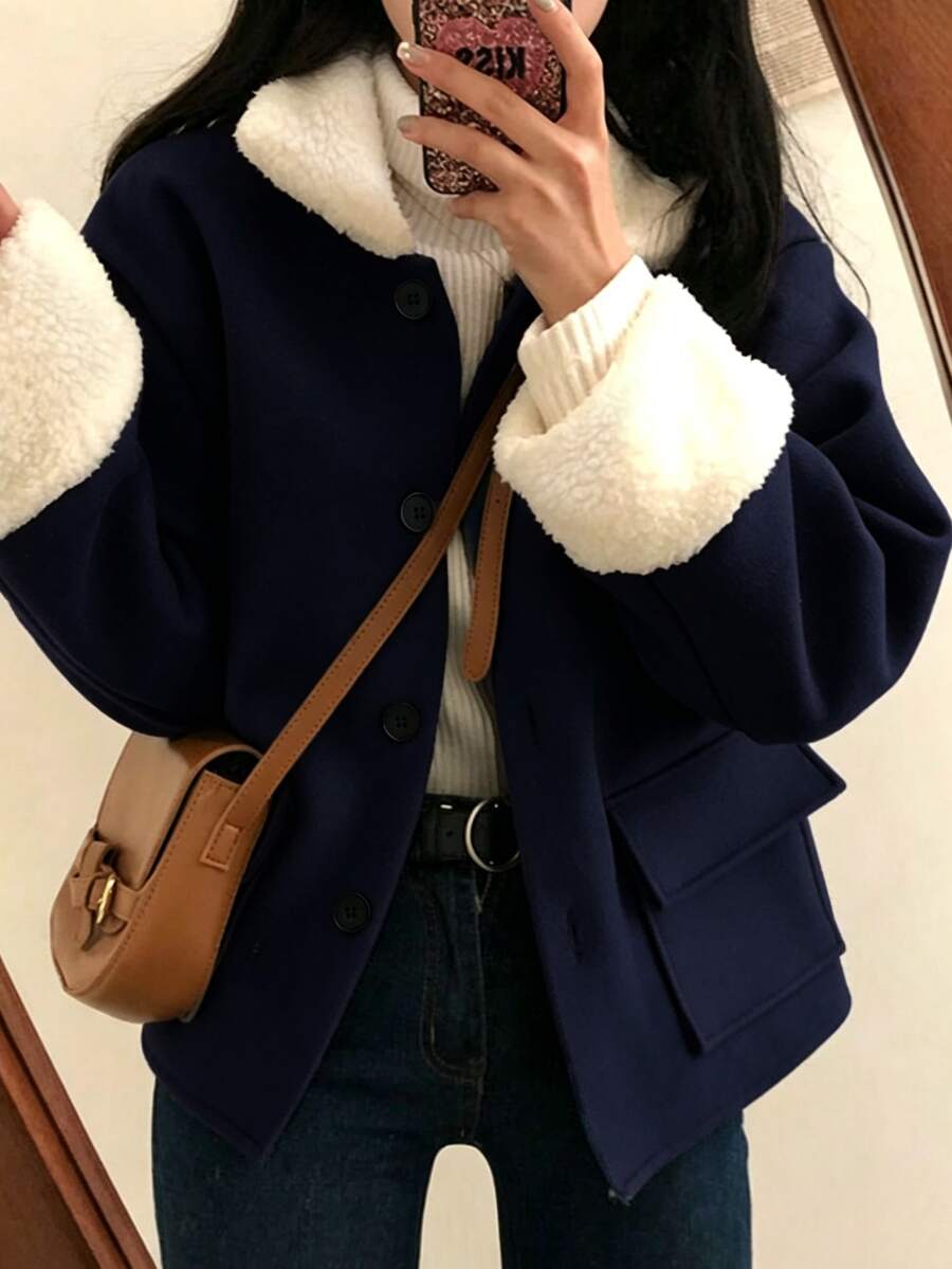 女款秋冬羊毛混紡短外套，長袖拼接人造毛領夾克，前開扣口袋設計，休閒百搭外套 - 藏蓝色 - 查看 1