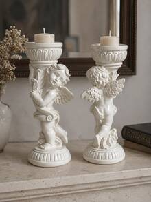 European Retro Cream White, Winged Cherub Pillar Shape, Carved Roman Base & Scroll Wing Detail, Pillar Candle Stand For Table Decor, Wedding Centerpiece, Valentine & Christmas Gift - Angel - View 2