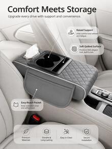 Car Armrest Cushion With Cup Holder Tissue Box & Side Storage Pocket, 4 In 1 Center Console Cover Organizer, Memory Foam PU Leather Quilted Armrest Box Pad, Heightening Arm Rest Pillow, Universal Fit Car Interior Accessories For SUV Truck Sedan - A - View 9