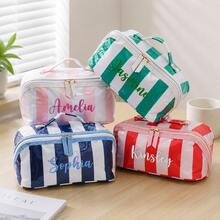 Personalized Striped Colorblock Cosmetic Bag, Pillow Shape Makeup Organizer With Zipper, Portable Travel Toiletry Bag, Open Flat Toiletry Bag, Gift - Multicolor - View 3