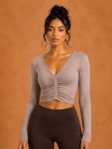 Never me Women's Knitted Long Sleeve Cropped T-Shirt With Ruched Chest, Elastic Comfortable Casual Daily Workout Yoga Top - Dusty Pink - View 5