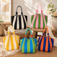 Personalized Crochet Knit Handbag Contrast Stripe Mini Tote Bag, Fashion Knitted Small Top Handle Purse, Handheld Bag For Daily Use, Travel, Shopping - Multicolor - View 10