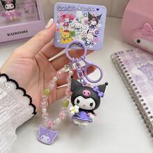 MINISO Sanrio Kuromi Purple Flower Beaded Wrist Strap Keychain, Cute Character Mini Figure Bag Charm With Glitter Bead Bracelet, Purple Clip Hook & Character Tag, Backpack Purse Accessory, Back To School Gift - Style 3 - View 1