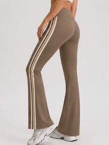 Never me Women's Wide Elastic Waist Tummy Control Design Fitted Flare Yoga Leggings With Contrast Color Side Straps For Daily Wear - Brown - View 7