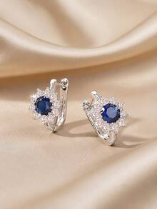 1 Pair Vintage Deep Blue Sapphire Zirconia Sunflower Halo Diamond Clip-On Earrings, Suitable For Women's Wedding, Evening Party And Formal Occasions - Sunflower - View 8