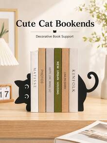 Cute Black Cat Bookends, Metal Decorative Bookshelf Support, Suitable For Bookshelves, Desks And Home Offices, Cartoon Cat Book Organizer, Suitable For Study, Bedroom, Reading Area And Book Display - Multicolor - View 2