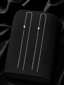 GLIMMER GI 1 Pair Women's S925 Sterling Silver Low-Allergy Four-Pointed Star Long Ear Thread Earrings, Elegant Versatile Minimalist New Style For Ear Piercing, Suitable For Daily Wear/Vacation/Valentine's Day/Birthday/Mother's Day Gift [Gift Box Included] - Silver - View 6
