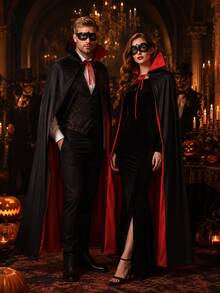 1pc Red & Black Vampire Cloak, Gothic Halloween Style Polyester High Collar Lace-Up Long Cape, Halloween Party, Costume Party, Cosplay, Theme Party Prop Outfit - Halloween - View 4