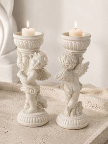 European Retro Cream White, Winged Cherub Pillar Shape, Carved Roman Base & Scroll Wing Detail, Pillar Candle Stand For Table Decor, Wedding Centerpiece, Valentine & Christmas Gift - Angel - View 4