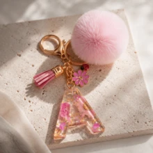 1pc Pink Glitter Letter Keychain (A-Z) - Dried Flower Shell Resin Letter Charm With Pop Pom Pom, Leather Tassel And Oil-Drip Daisy Beetle Accessory, Fashion Key Ring, Suitable For Bags/Cars, Cute Gift For Women And Mothers - Multicolor - View 3