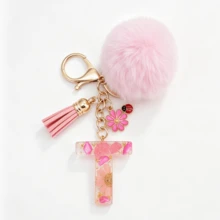 1pc Pink Glitter Letter Keychain (A-Z) - Dried Flower Shell Resin Letter Charm With Pop Pom Pom, Leather Tassel And Oil-Drip Daisy Beetle Accessory, Fashion Key Ring, Suitable For Bags/Cars, Cute Gift For Women And Mothers - Multicolor - View 34
