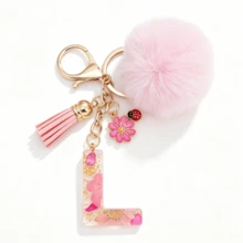 1pc Pink Glitter Letter Keychain (A-Z) - Dried Flower Shell Resin Letter Charm With Pop Pom Pom, Leather Tassel And Oil-Drip Daisy Beetle Accessory, Fashion Key Ring, Suitable For Bags/Cars, Cute Gift For Women And Mothers - Multicolor - View 33