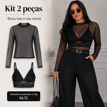 Women's Elegant And Modern Long-Sleeved Tulle Blouse And Top Set With Mock Collar - 襯衫和上衣套裝 - 查看 1