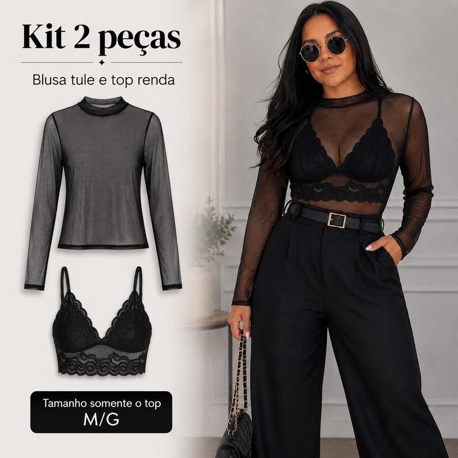 Women's Elegant And Modern Long-Sleeved Tulle Blouse And Top Set With Mock Collar - 襯衫和上衣套裝 - 查看 1