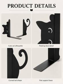 Cute Black Cat Bookends, Metal Decorative Bookshelf Support, Suitable For Bookshelves, Desks And Home Offices, Cartoon Cat Book Organizer, Suitable For Study, Bedroom, Reading Area And Book Display - Multicolor - View 6