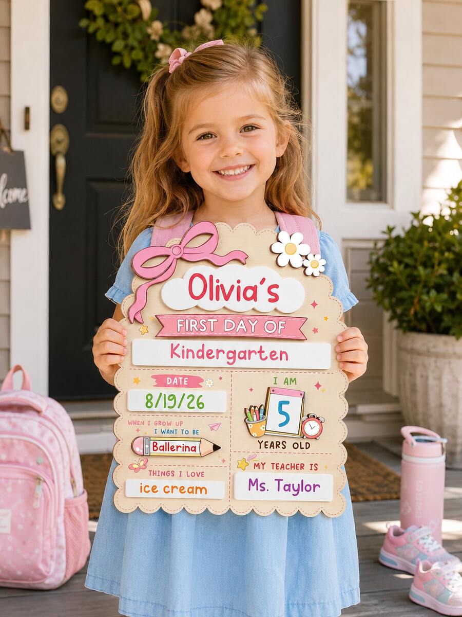 "First Day Of School" Sign, Includes Back To School & End Of Term Commemorative Board And Marker; Suitable For Preschool, Kindergarten Transition And Kindergarten, Reusable Wooden Blackboard, Easy To Write And Erase (With Bow Decoration), Can Fill In Name, Date, Age, Dream, Teacher Information, Growth Record Board, Back To School Season Kindergarten Enrollment Children Photo Prop, Family Commemorative Gift