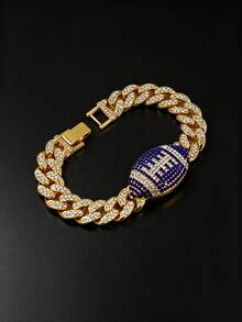 Men's Full Rhinestone Football Cuban Bracelet, Hip-Hop Colorful Rhinestone Thick Chain Bracelet, Sports Fan Party Accessory Gift, Gold And Silver Dual Color Options - Football Bracelet - View 10