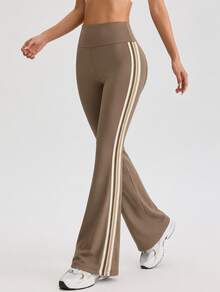 Never me Women's Wide Elastic Waist Tummy Control Design Fitted Flare Yoga Leggings With Contrast Color Side Straps For Daily Wear - Brown - View 4