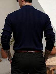 ALTZTAR Men's Loose Fit Thin Long Sleeve Ribbed Knit Polo Shirt, Simple & Stylish, Suitable For Daily Commute, Spring & Autumn - Navy Blue - View 2