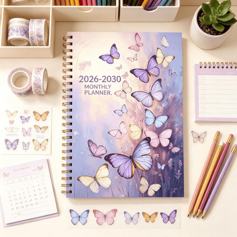 1本 2026-2030 5年期螺旋裝訂計畫本,夢幻馬卡龍水彩蝴蝶與花卉長短期行程管理筆記本,習慣與生活追蹤日誌,適合學生、上班族與文具愛好者,學校用品 - A - 查看 1