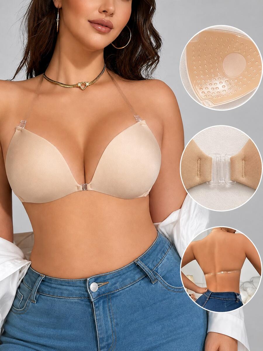 Invisible Push Up Adhesive Bra – Seamless Backless Strapless Bra, Clear Strap Front Closure, Breathable Lift Bra For Low Cut Tops - Apricot - View 1