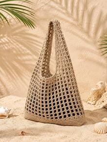 ENBEI Hollow Crochet Bag, Summer Fashion Vacation Beach Bag, Elegant Floral Women's Bag, Crochet Bag, Women's Handbag, Lunch Bag, Shoulder Bag, Travel Essential, Suitable For Daily Casual, Vacation, Shopping And Matching Business Casual Outfits For Women, College Students, Mother's Day Gift, Wedding Bride Bridesmaid Gift, Most Popular Beach Bag - Khaki - View 4