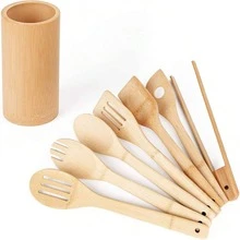 8 piezas/1 pieza Juego de utensilios de cocina de bambú con cubo de almacenamiento para cubiertos y pinzas para alimentos - Albaricoque - Ver 14
