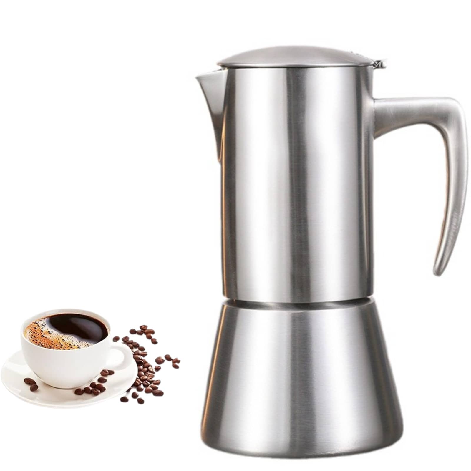 Brushed Stainless Steel Moka Pot, 304 Stainless Steel Stovetop Espresso Maker, Induction Compatible Coffee Maker For Gas, Electric & Ceramic Cooktops, 200ml/300ml/500ml - Silver - View 1