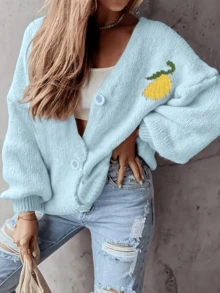 Korean Style Relaxed Fit Solid Color Loose Drop Shoulder Knit Top With Lemon Letter Design On Back, Soft Breathable Versatile Autumn/Winter Casual Long Sleeve Sweater - Blue - View 3