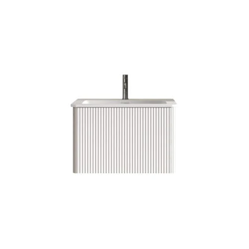 Washbasin With Vanity Unit For Small Bathrooms, Mineral Cast Basin, Grooved Design, 60cm Wall-Mounted Bathroom Unit, Natural Oak Color, Pre-Assembled - 白色 - 查看 1
