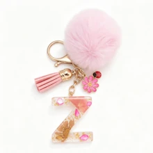 1pc Pink Glitter Letter Keychain (A-Z) - Dried Flower Shell Resin Letter Charm With Pop Pom Pom, Leather Tassel And Oil-Drip Daisy Beetle Accessory, Fashion Key Ring, Suitable For Bags/Cars, Cute Gift For Women And Mothers - Multicolor - View 15