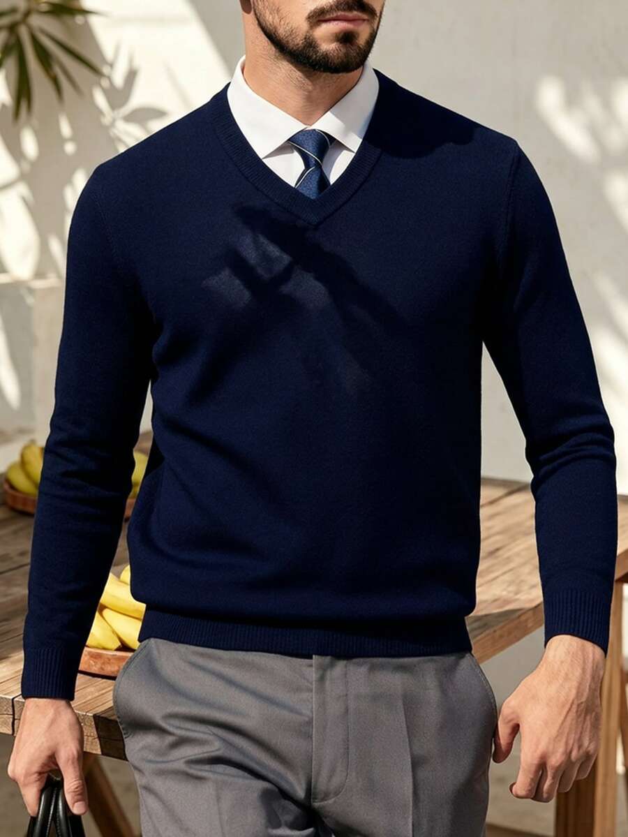 ALTZTAR Men's Solid Color V-Neck Long Sleeve Sweater, Casual Comfortable Base Layer Top For Spring & Autumn - Royal Blue - View 1
