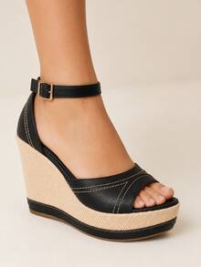 Women's High Heel Wedge Platform Sandal Various Colors Party - 黑色 - 查看 6