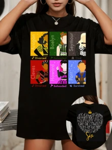 Six The Musical Modern Stage Queens Color Block Grid Front Back Six Stage Lyrics Double Sided Musical Graphic Tee - 黑色 - 查看 1