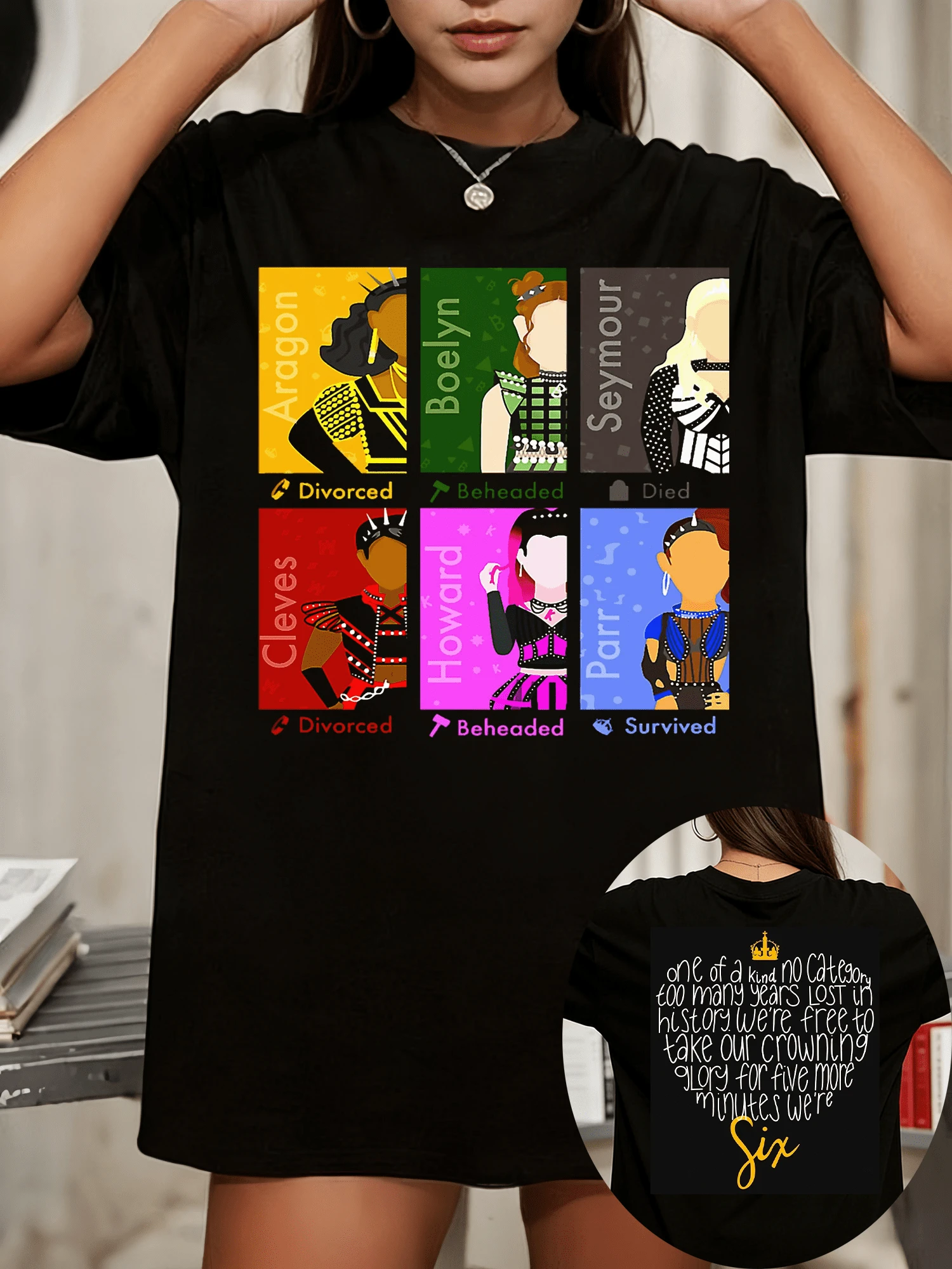 Six The Musical Modern Stage Queens Color Block Grid Front Back Six Stage Lyrics Double Sided Musical Graphic Tee - 黑色 - 查看 1