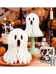 1 Set(2 Pcs) Halloween White Ghost Paper 3D Honeycomb Hanging Ornaments Halloween Night Hanging Decorations Living Room Garden Decor Spooky Cute Ghost Atmosphere Courtyard Arrangement Small Medium Size 2pcs Set Room Decor Home Decor Halloween Decor - Halloween Paper Ghost Figurines - View 2