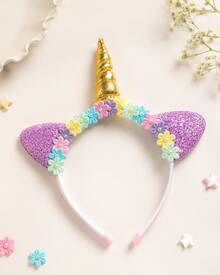 Tiara Infantil Temática De Unicórnio Com Orelhas E Florzinhas Com Pérolas - Lilas - Visão 2