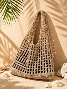 ENBEI Hollow Crochet Bag, Summer Fashion Vacation Beach Bag, Elegant Floral Women's Bag, Crochet Bag, Women's Handbag, Lunch Bag, Shoulder Bag, Travel Essential, Suitable For Daily Casual, Vacation, Shopping And Matching Business Casual Outfits For Women, College Students, Mother's Day Gift, Wedding Bride Bridesmaid Gift, Most Popular Beach Bag - Khaki - View 5
