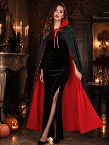 1pc Red & Black Vampire Cloak, Gothic Halloween Style Polyester High Collar Lace-Up Long Cape, Halloween Party, Costume Party, Cosplay, Theme Party Prop Outfit - Halloween - View 1