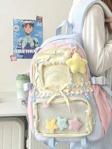 對比色星星裝飾大容量背包，適合旅行、外出、購物、度假，日系風格，開學季適用（珠飾顏色隨機） - 藍色 - 查看 1