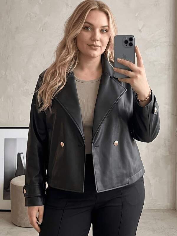 Jaqueta Pluz Size De Couro Feminina Blusa Courino Plus Botões Duplos