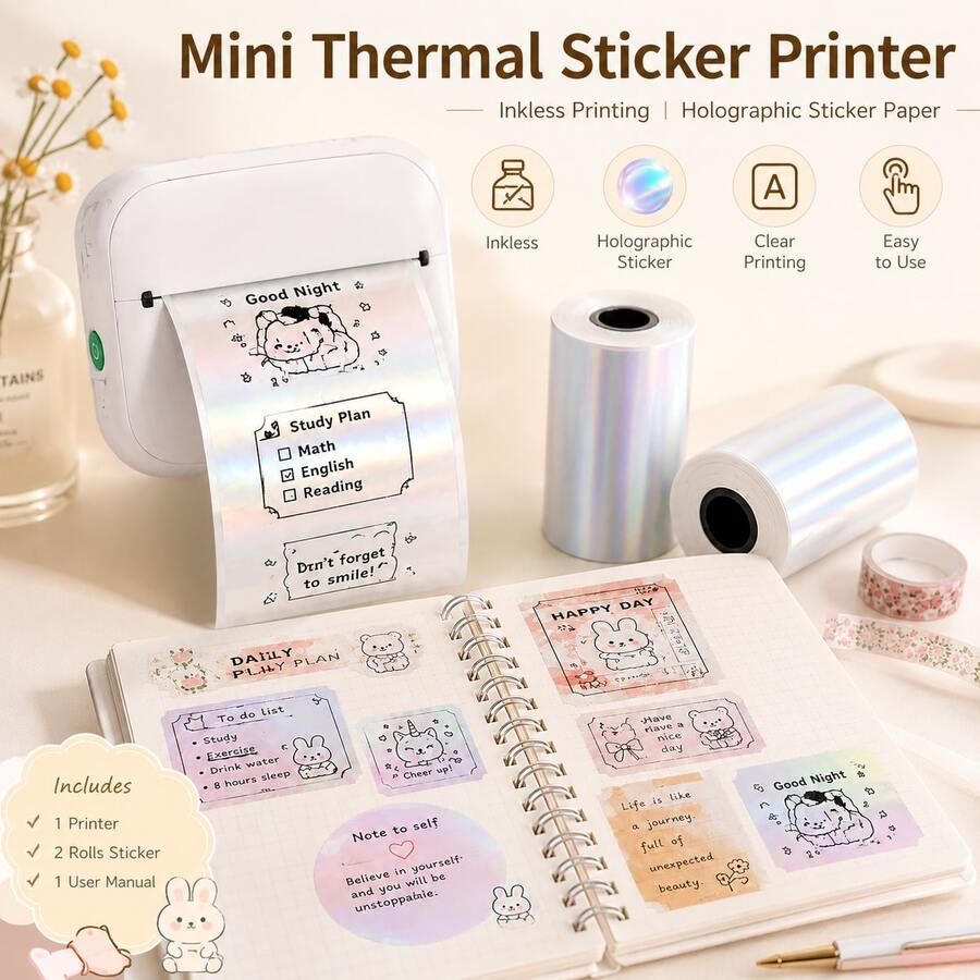 Pearlescent/Rainbow Effect 57mm Thermal Sticker Paper, Self-Adhesive Shimmer Mini Pocket Printer Refill Paper For Elegant Picture Printing, Daily Journals, Memo Sticky Notes, Compatible With PeriPage PAPERANG Poooli Labelers - View 1