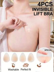 2/4pcs Women's Adhesive Teardrop-Shaped Lift-Up Breast Pads, Invisible Seamless Ultra-Thin Design - Multicolor - View 1