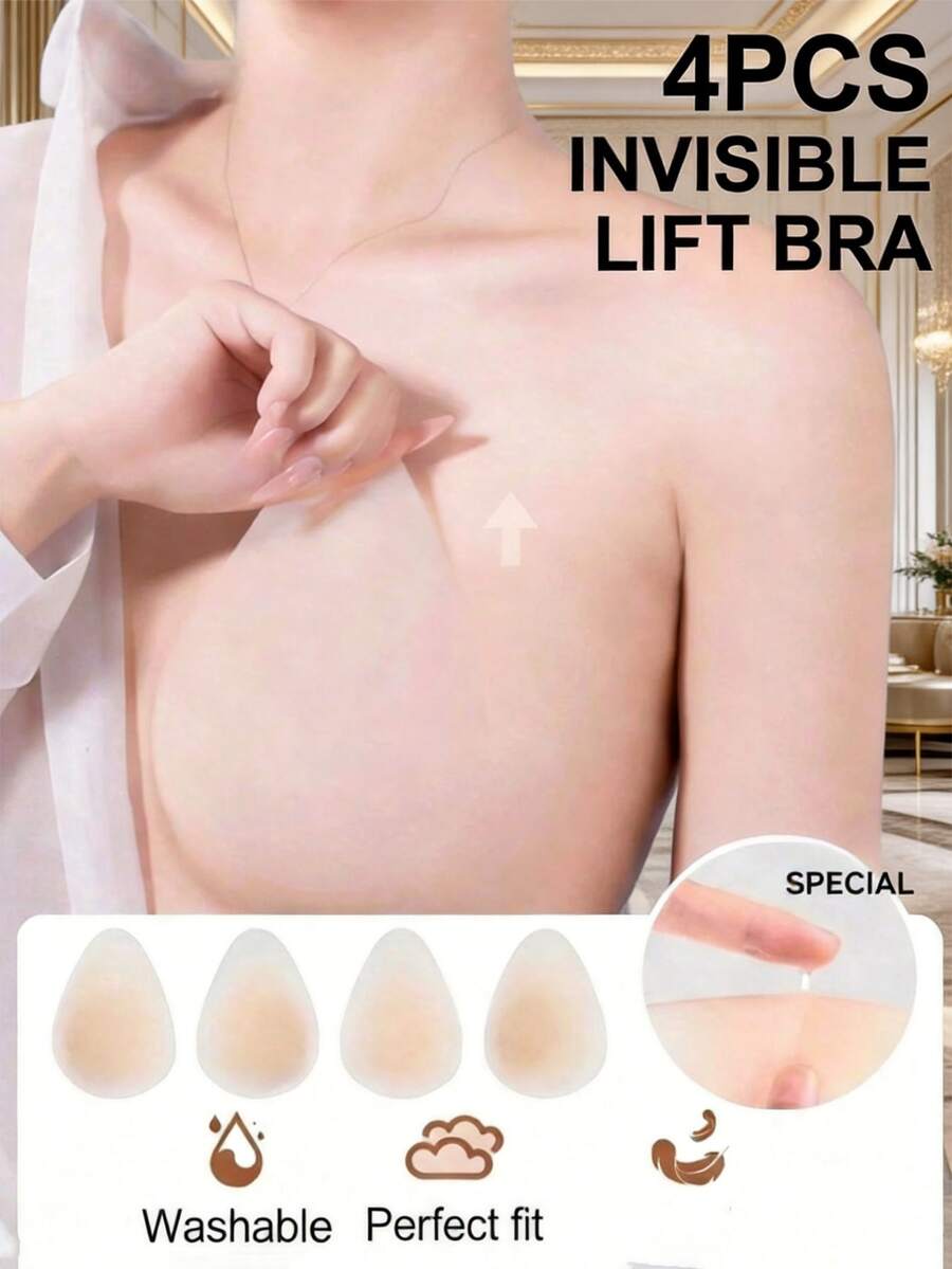 2/4pcs Women's Adhesive Teardrop-Shaped Lift-Up Breast Pads, Invisible Seamless Ultra-Thin Design - Multicolor - View 1