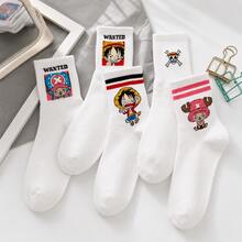 5雙 Miniso One Piece 動漫白色棉質中筒襪，透氣柔軟針織街頭風襪子，日漫海盜圖案休閒筒襪，日常運動鞋搭配配件，輕量四季舒適 - 36-43 - 查看 2