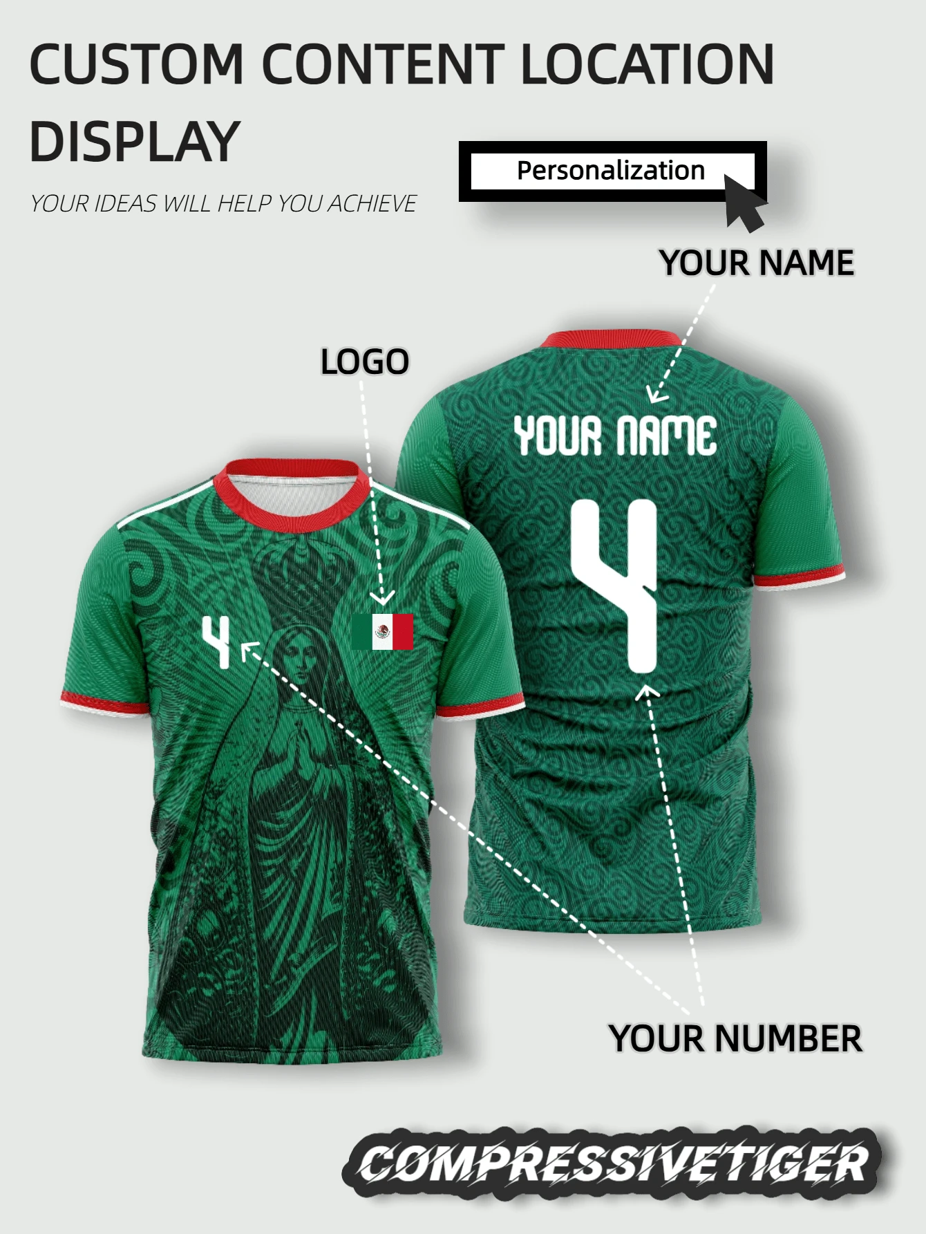Green Virgin Mary Statue Mexican Custom Soccer Jersey, Personalized Name And Number Printing, Fabric, Men's Custom Training Sports Wear Summer - Dark Green - View 1