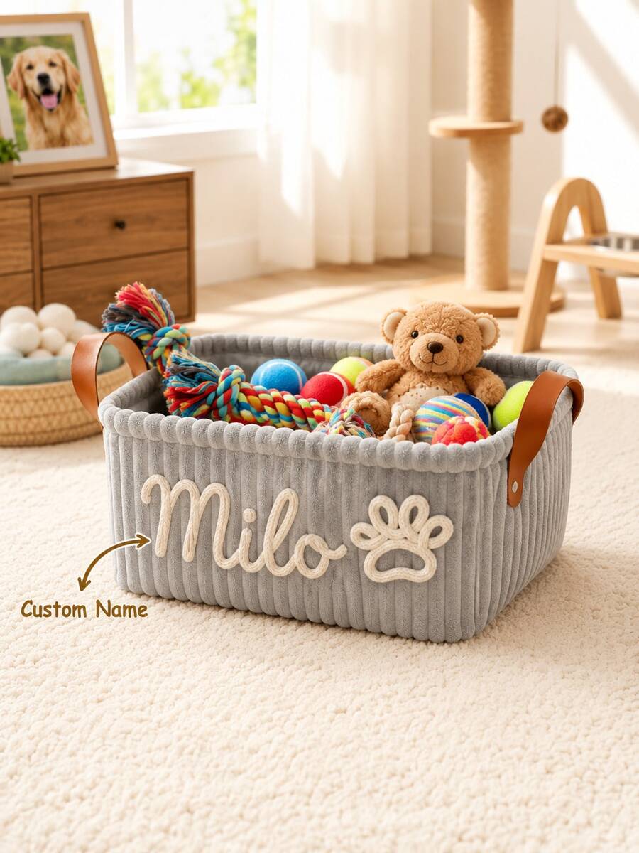 Customizable Storage Basket Personalized Dog Toy Bin Corduroy Pet Storage Basket With Name Customization Portable Handle Desktop Organizer Clothing Storage Home Decor Perfect Gift Laundry Basket - Multicolor - View 1