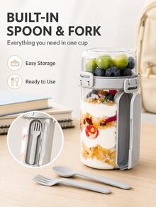 Leak-Proof Double-Layer Salad Box With Fork And Spoon, Detachable Portable Food Cup, Suitable For School, Lunch, Yogurt, Travel, Camping Tent Accessories, Travel Essentials, Holiday - Multicolor - View 4