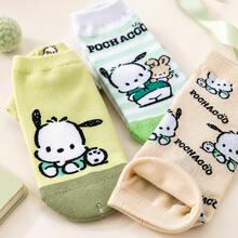 3雙 MINISO Sanrio Pochacco 卡通短襪系列，優質棉針織低筒襪，綠色與米色可愛角色襪，舒適休閒足部配件，適合搭配運動鞋、樂福鞋和帆布鞋 - 36-43 - 查看 3