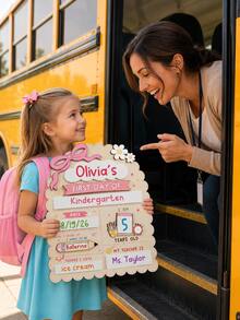 "First Day Of School" Sign, Includes Back To School & End Of Term Commemorative Board And Marker; Suitable For Preschool, Kindergarten Transition And Kindergarten, Reusable Wooden Blackboard, Easy To Write And Erase (With Bow Decoration), Can Fill In Name, Date, Age, Dream, Teacher Information, Growth Record Board, Back To School Season Kindergarten Enrollment Children Photo Prop, Family Commemorative Gift - Multicolor - View 8